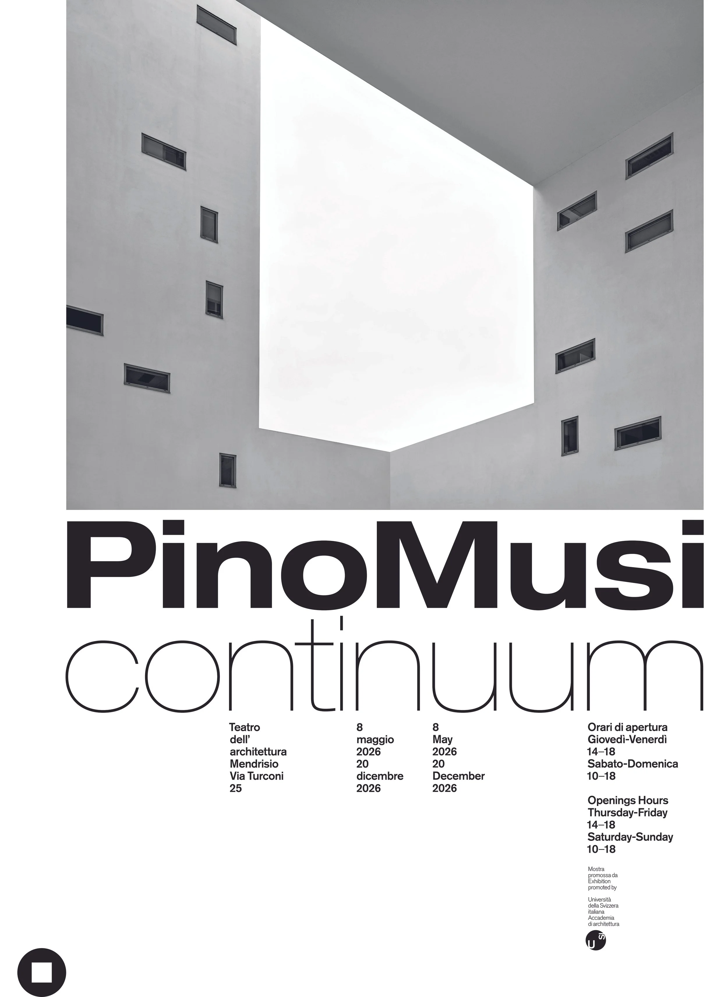 Minimal architectural composition with geometric walls and small rectangular openings - Pino Musi, Continuum.