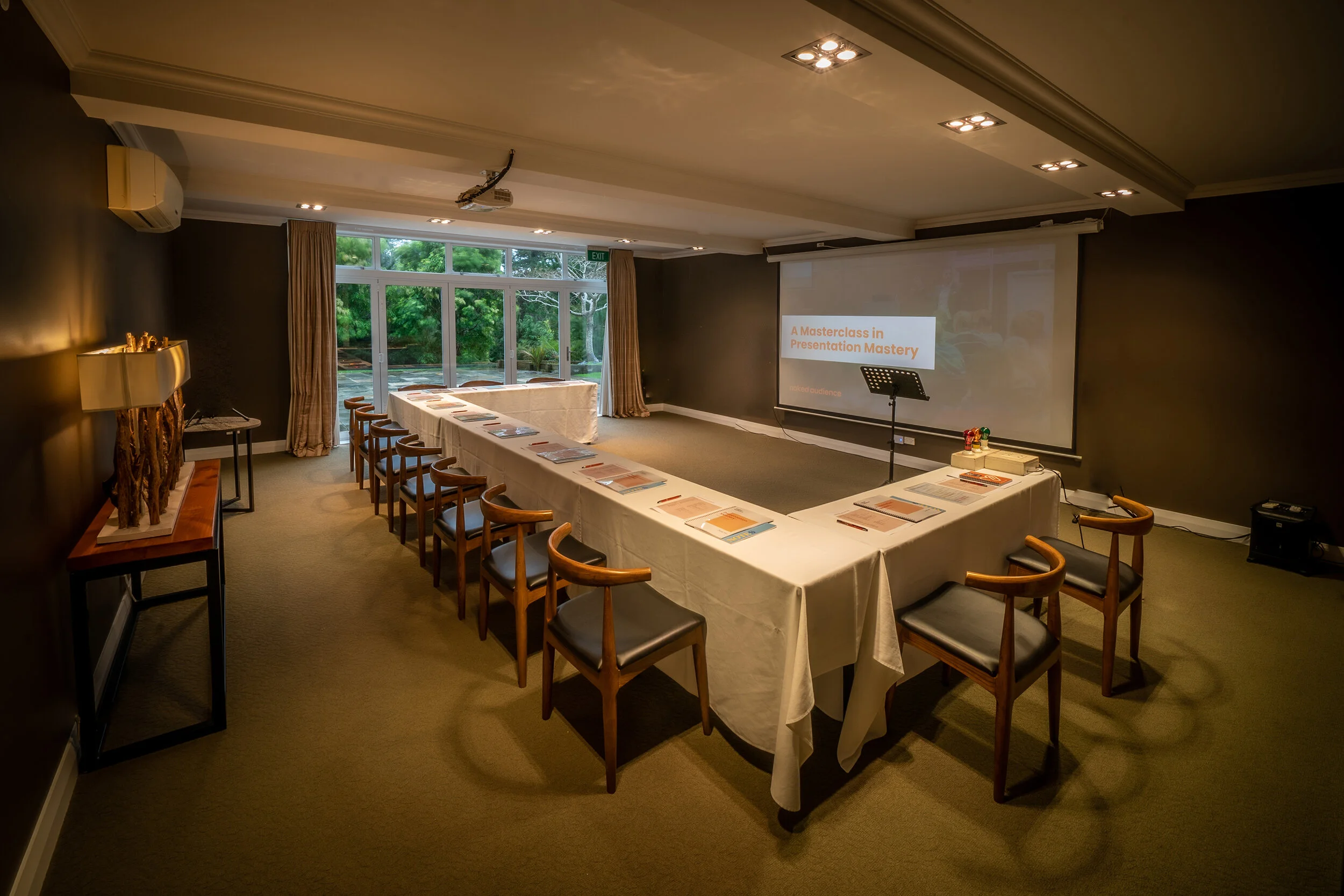 Conference room set up for meetings and corporate retreats at Woodhouse Mountain Lodge