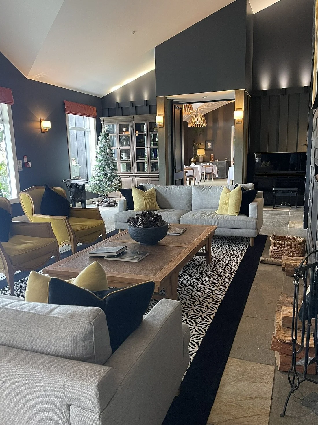 Elegant lodge lounge and dining space at Woodhouse Mountain Lodge on the Matakana Coast, New Zealand.
