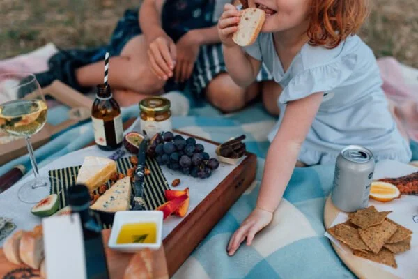 Family picnic with cheese, fruit, bread and drinks laid out on a blanket.