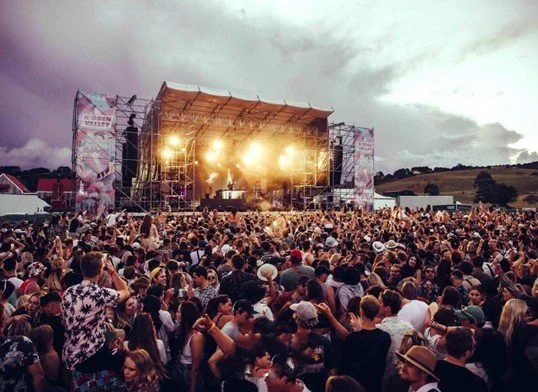 Crowd enjoying a live outdoor music festival near the Matakana Coast, New Zealand.