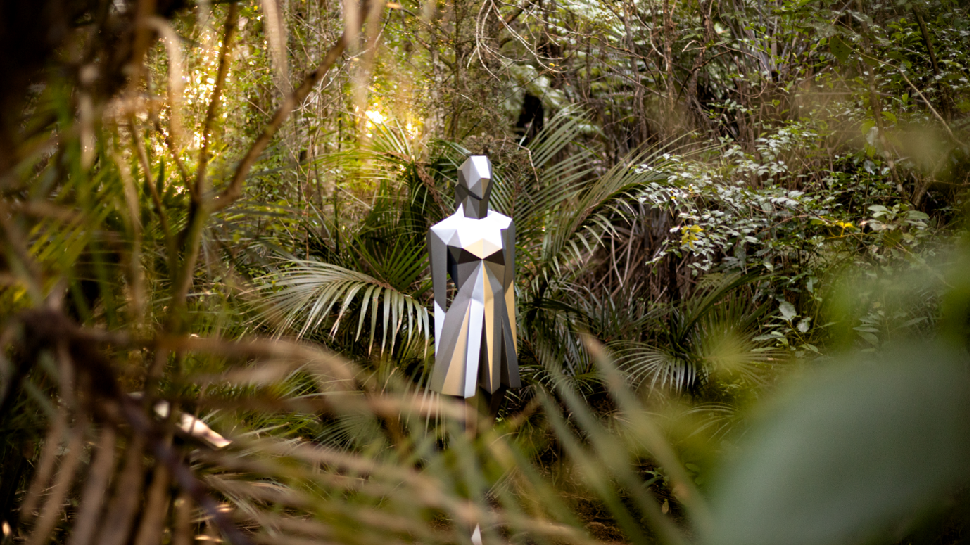 Outdoor sculpture among native bush on the Matakana Coast near Warkworth, New Zealand.