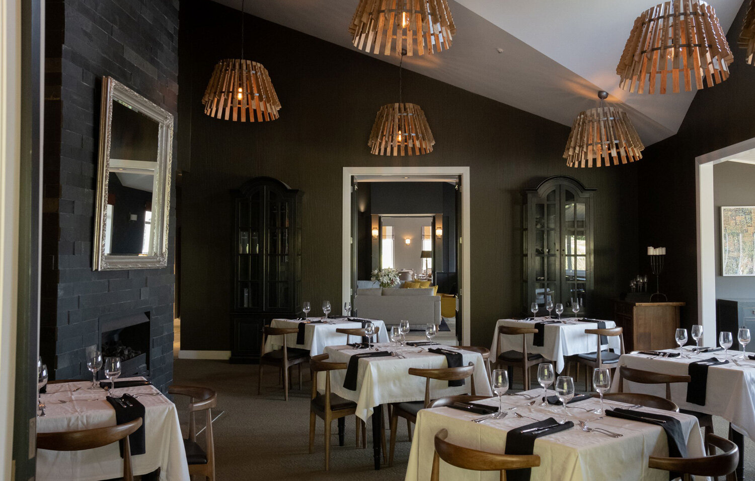 Restaurant and dining space at Woodhouse Mountain Lodge in Matakana set for group dining and private events.
