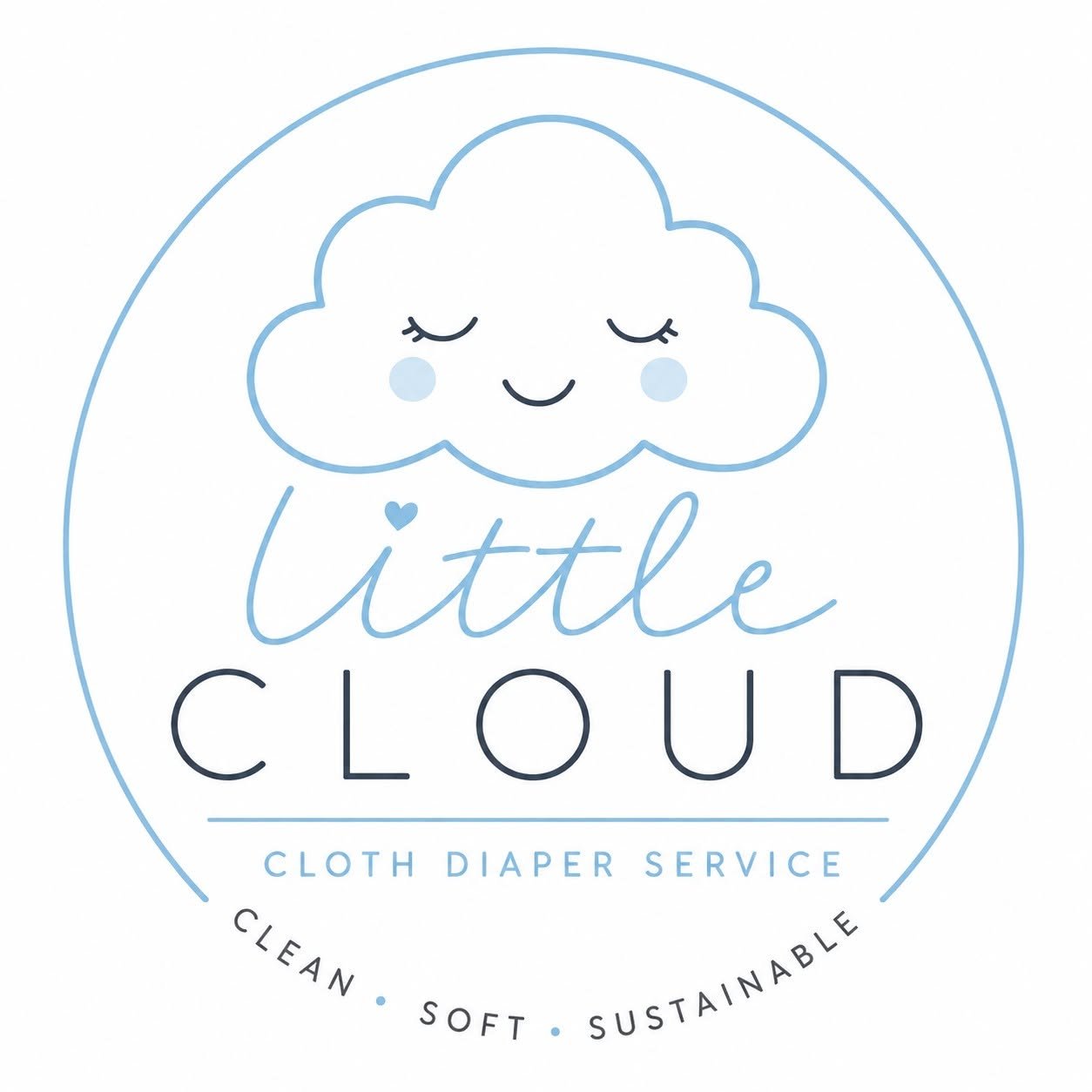 Logo for Little Cloud cloth diaper service featuring a smiling cloud with closed eyes, blush cheeks, and a small heart, surrounded by the words 'clean,' 'soft,' 'sustainable' and the business name 'Little Cloud' with a subtitle 'cloth diaper service'.