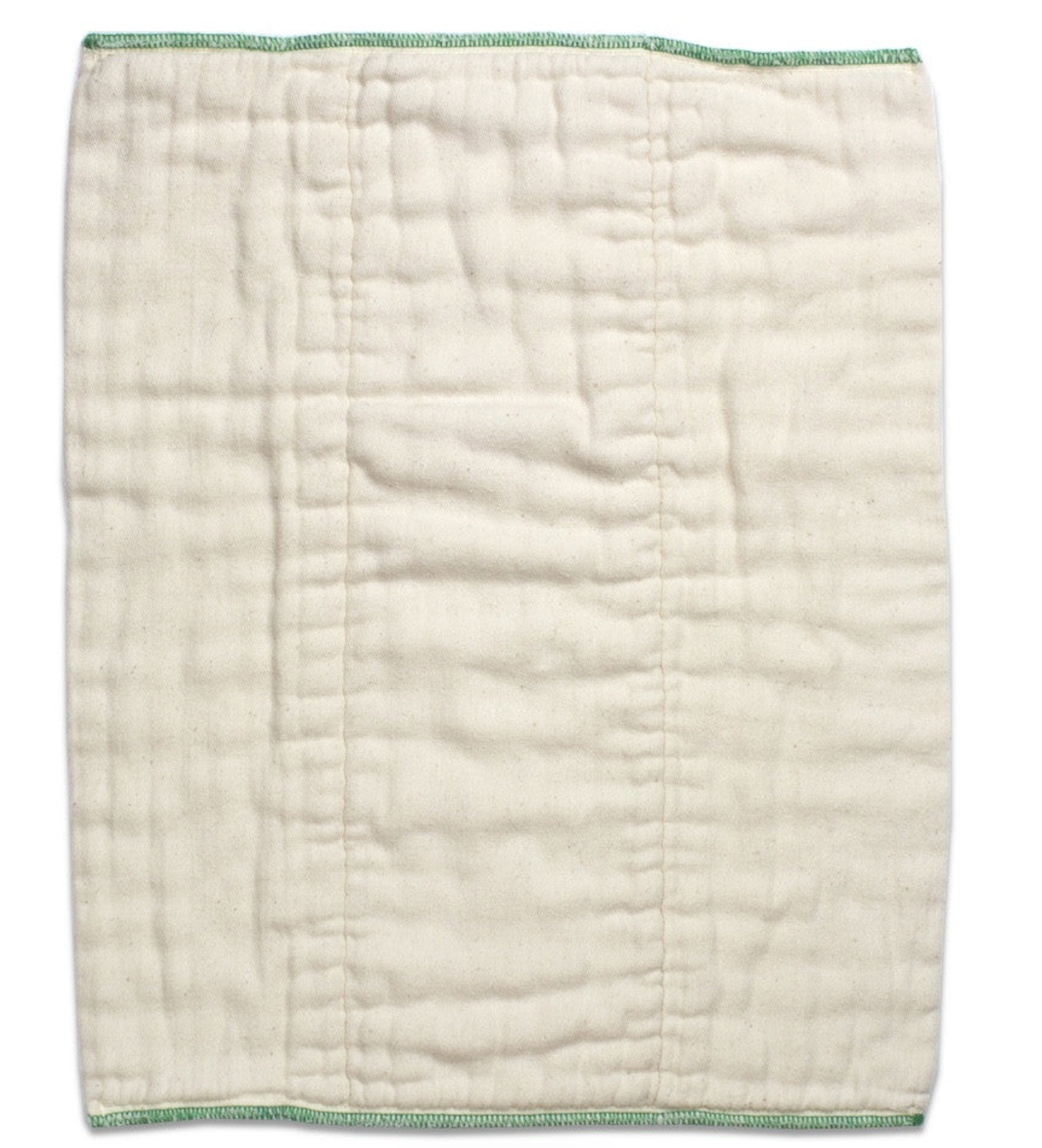 A beige adult disposable diaper with green elastic at the waist and leg openings.