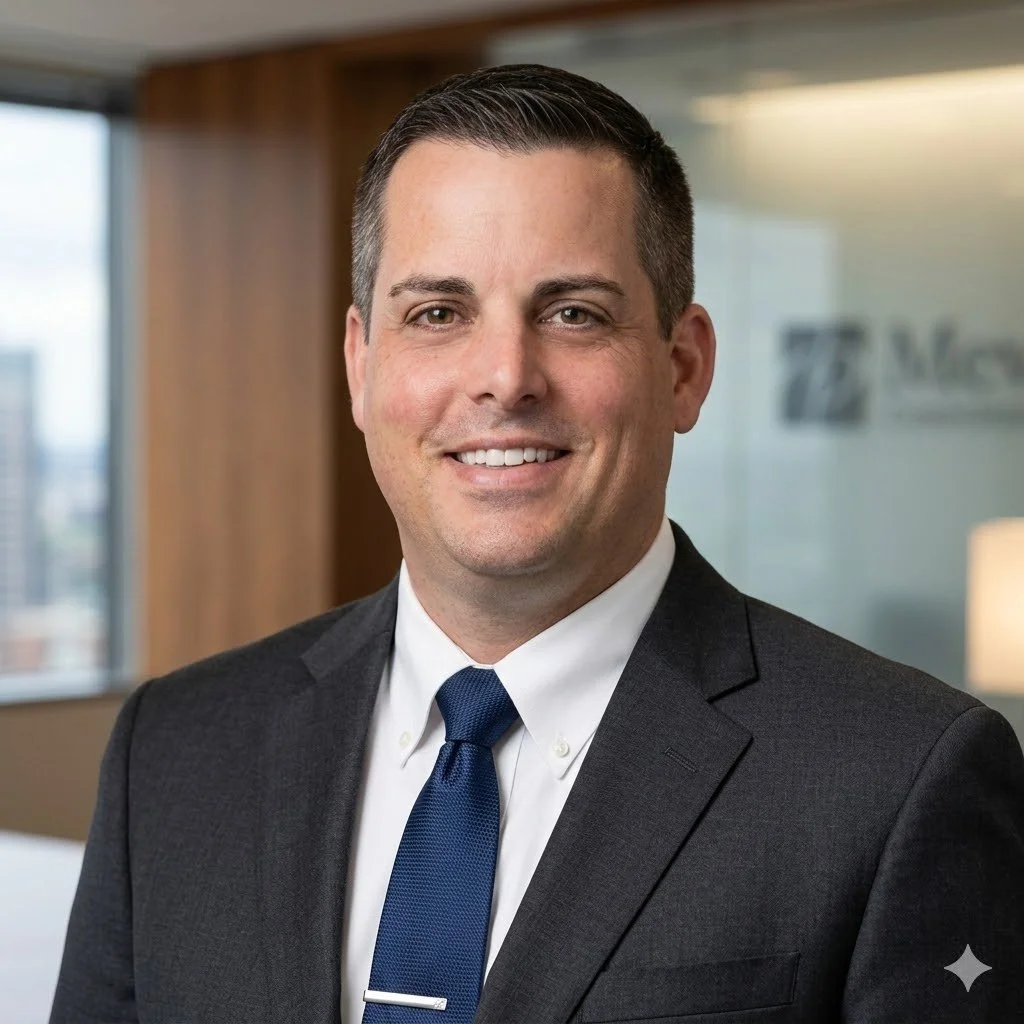 Professional man in a suit smiling in an office setting.