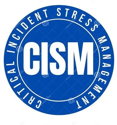 Blue circular logo with white text reading "CISM," surrounded by the words "Critical Incident Stress Management".
