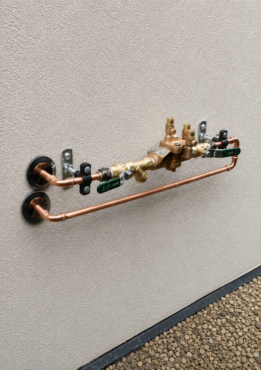 Plumbing system with copper pipes, brass valves, and black handles mounted on a textured beige wall.