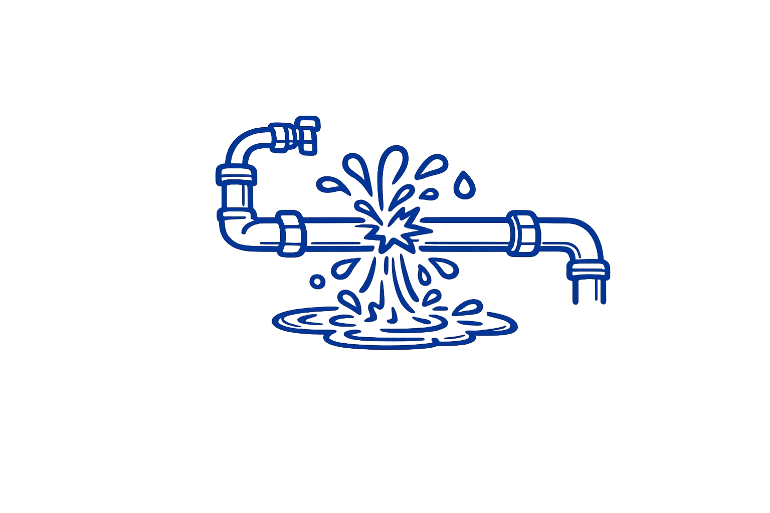 Blue line drawing of a broken pipe with water spraying and splashing, on a black background.