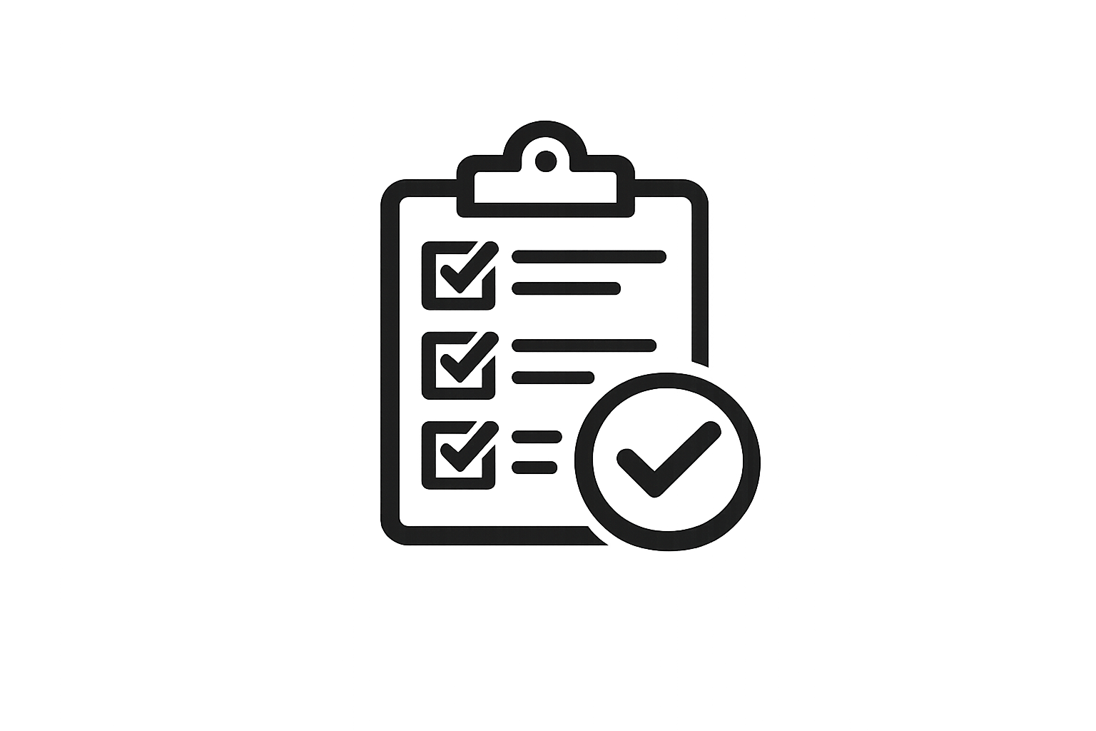 Icon of a checklist on a clipboard with checkmarks next to each item and a large checkmark in a circle overlaying the bottom right corner.