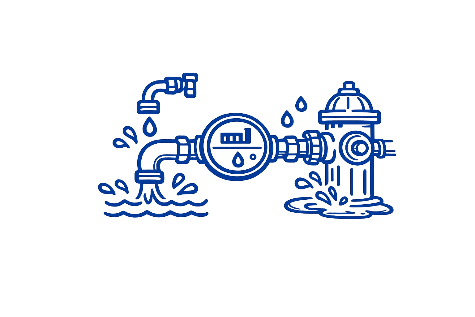 Blue line drawing of water flowing from a faucet, a water meter, and a fire hydrant, with drops of water splashing and ripples in the water.