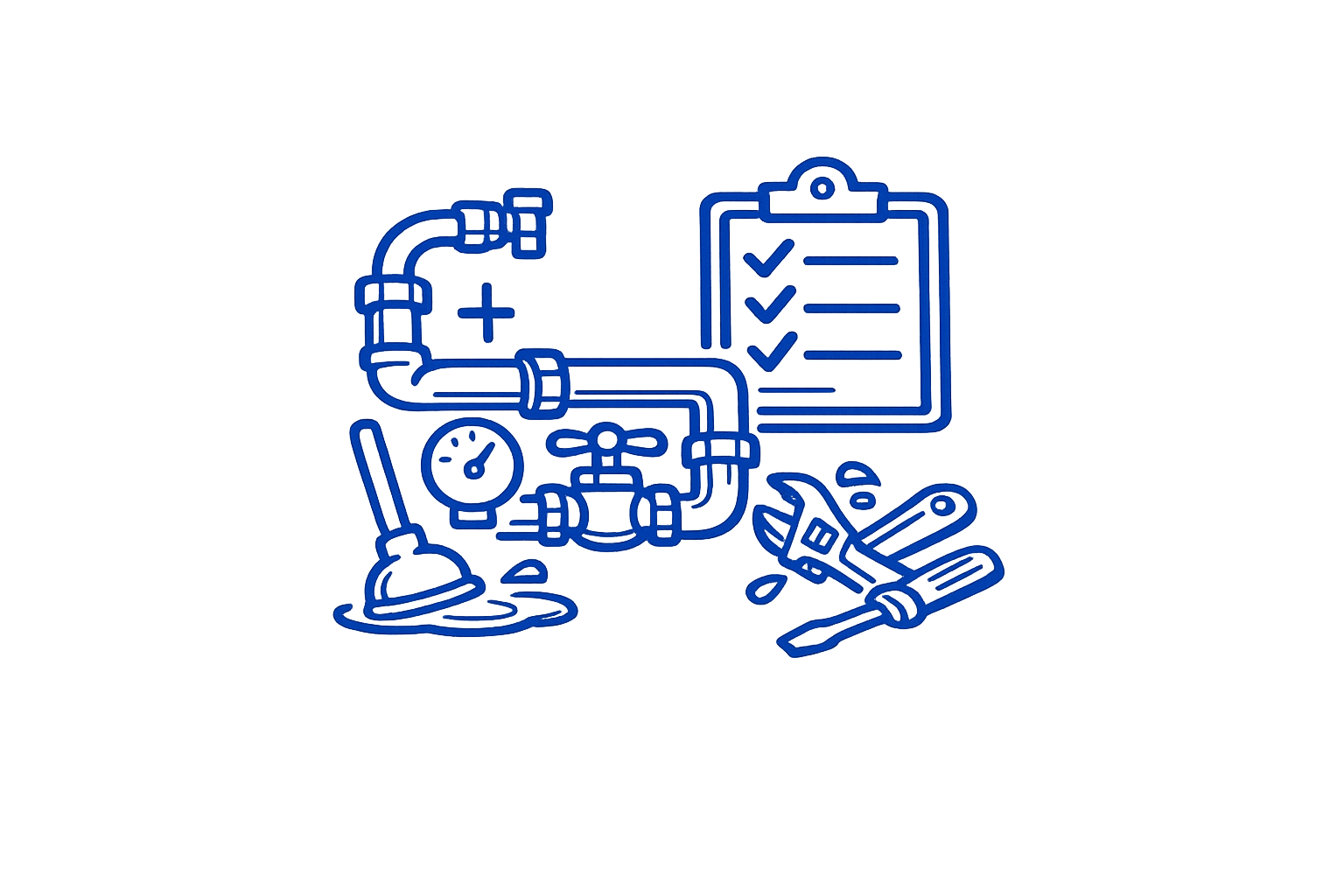 Neon sign with plumbing and maintenance tools icon, including pipes, a pressure gauge, plunger, side cutter, screwdriver, and checklist on a clipboard.