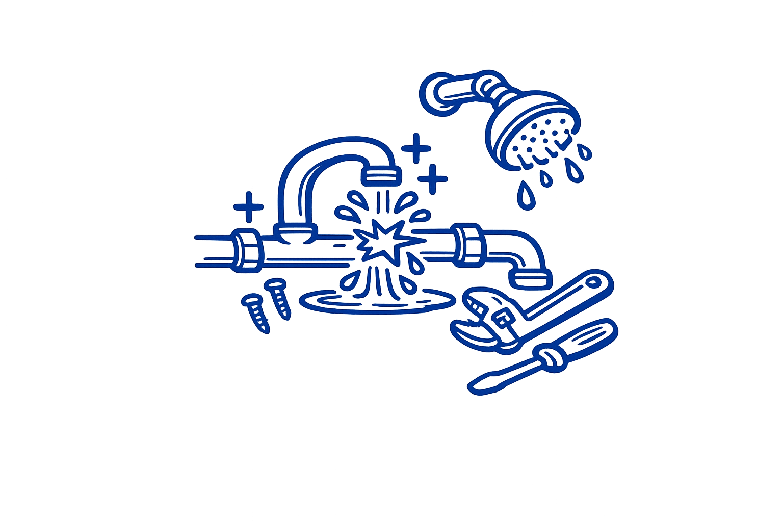 A blue neon-style line drawing of a leaking faucet with water splashing, a hammer and screwdriver nearby, and a showerhead above releasing water.