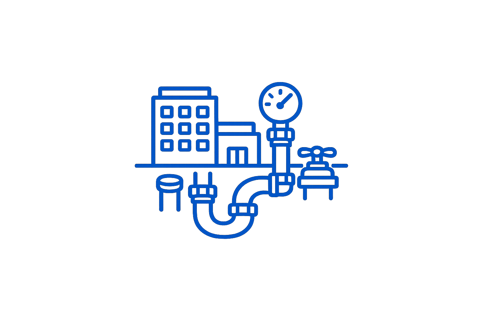 A blue line drawing of a factory building with a gauge, a faucet, a pipe, and a surrounding chair, all on a black background.