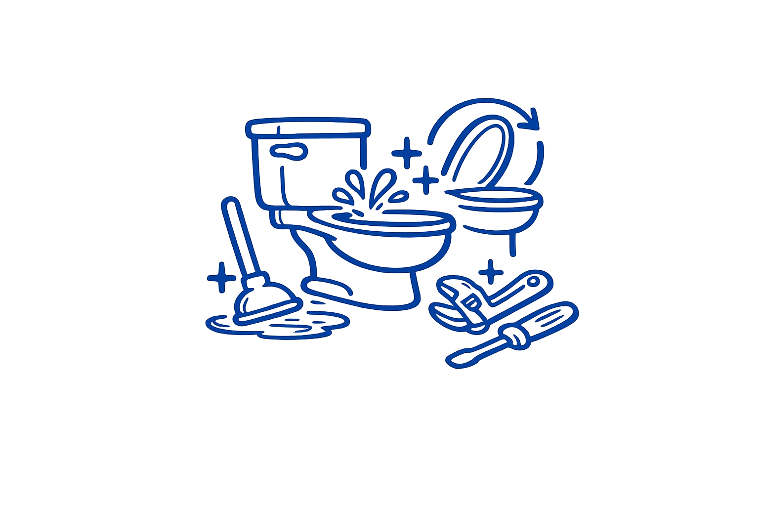 Line drawing of a bathroom scene with a toilet, sink, plunger, small screwdriver, and wrench on the floor, with water splashing from the toilet.
