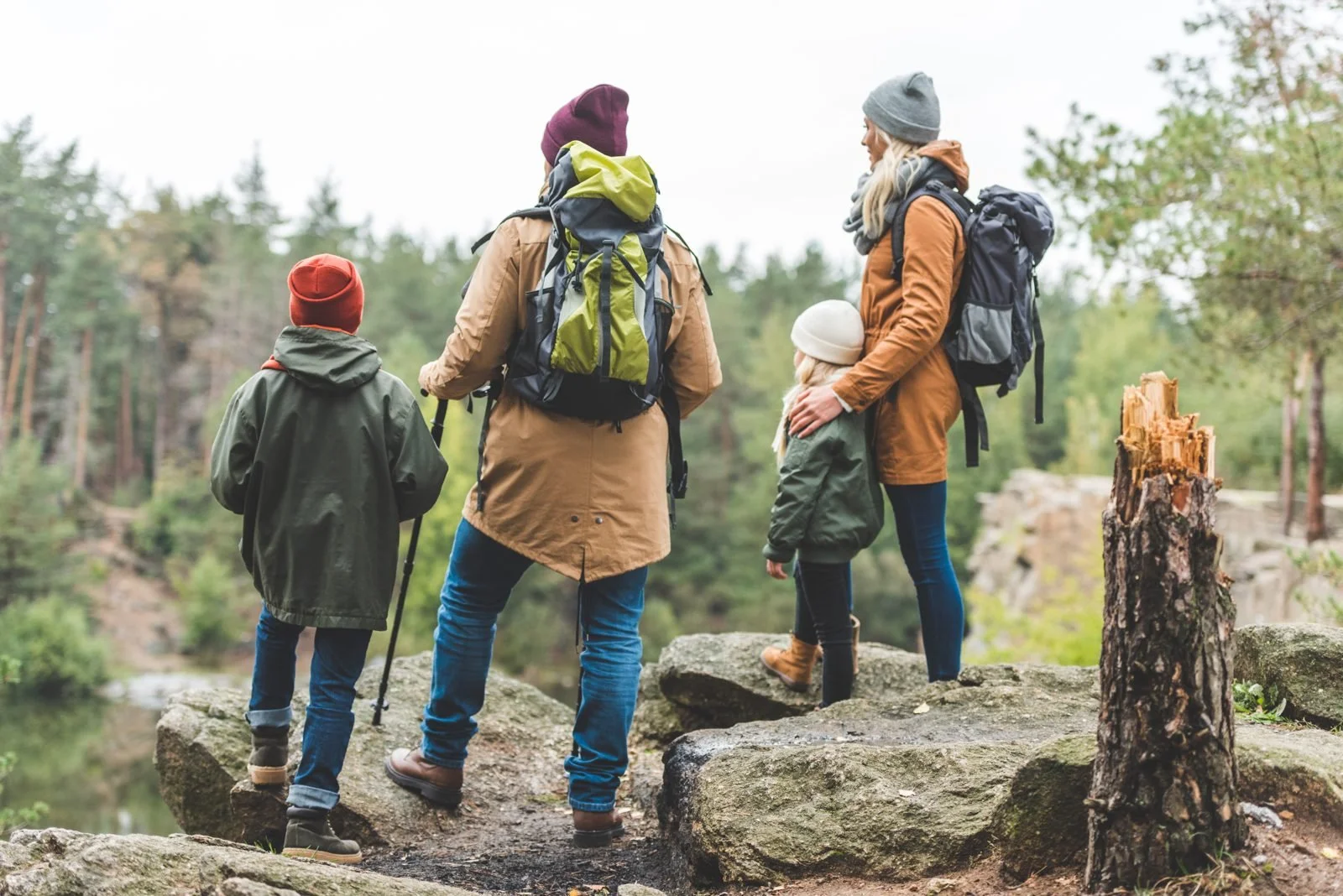 A family of four standing on rocks looking out over a forest and lake