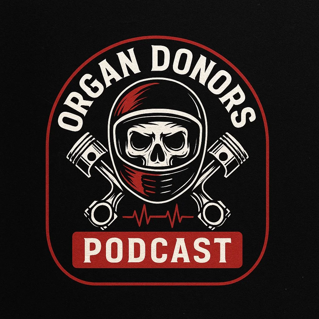 Logo for the 'Organ Donors Podcast' featuring a skull wearing a helmet with motorcycle engine pistons crossed behind it, a heartbeat line, and bold text.
