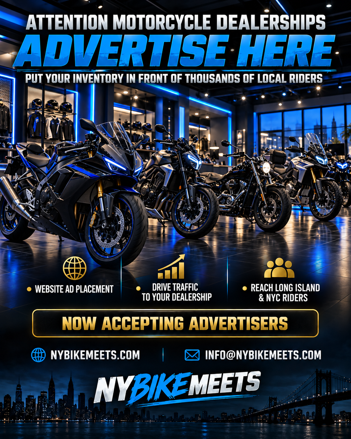 A showroom with multiple motorcycles on display, illuminated by blue lighting, advertising motorcycle dealerships with promotional text overlay, including website and contact information, and a city skyline at night.