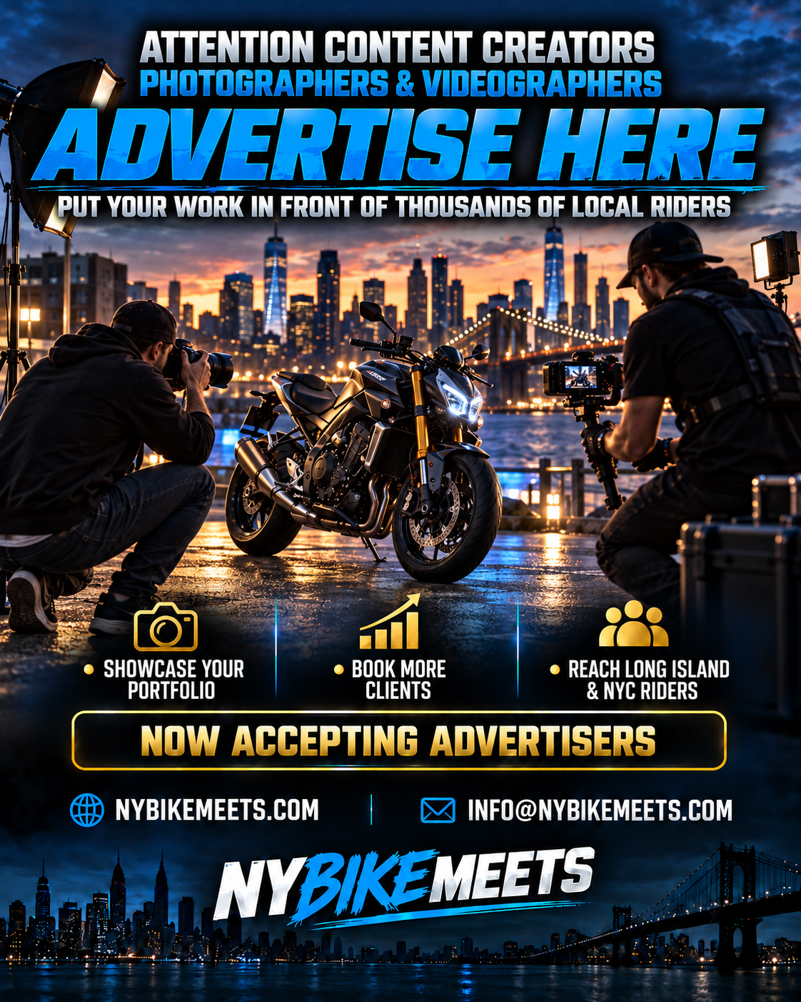 A promotional advertisement for NYBikeMeets, showing a motorcycle on a city waterfront at sunset, with two photographers taking pictures of the motorcycle. The ad encourages content creators to advertise, showcase portfolios, book clients, and reach NYC riders, with contact information and a call to action to accept advertisers.