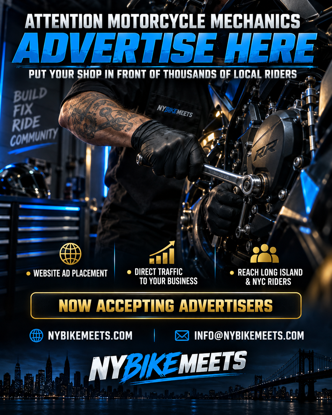 A person working on a motorcycle engine inside a workshop with neon lighting. The poster promotes advertising space, highlighting website placement, direct traffic, and reach in Long Island and NYC.