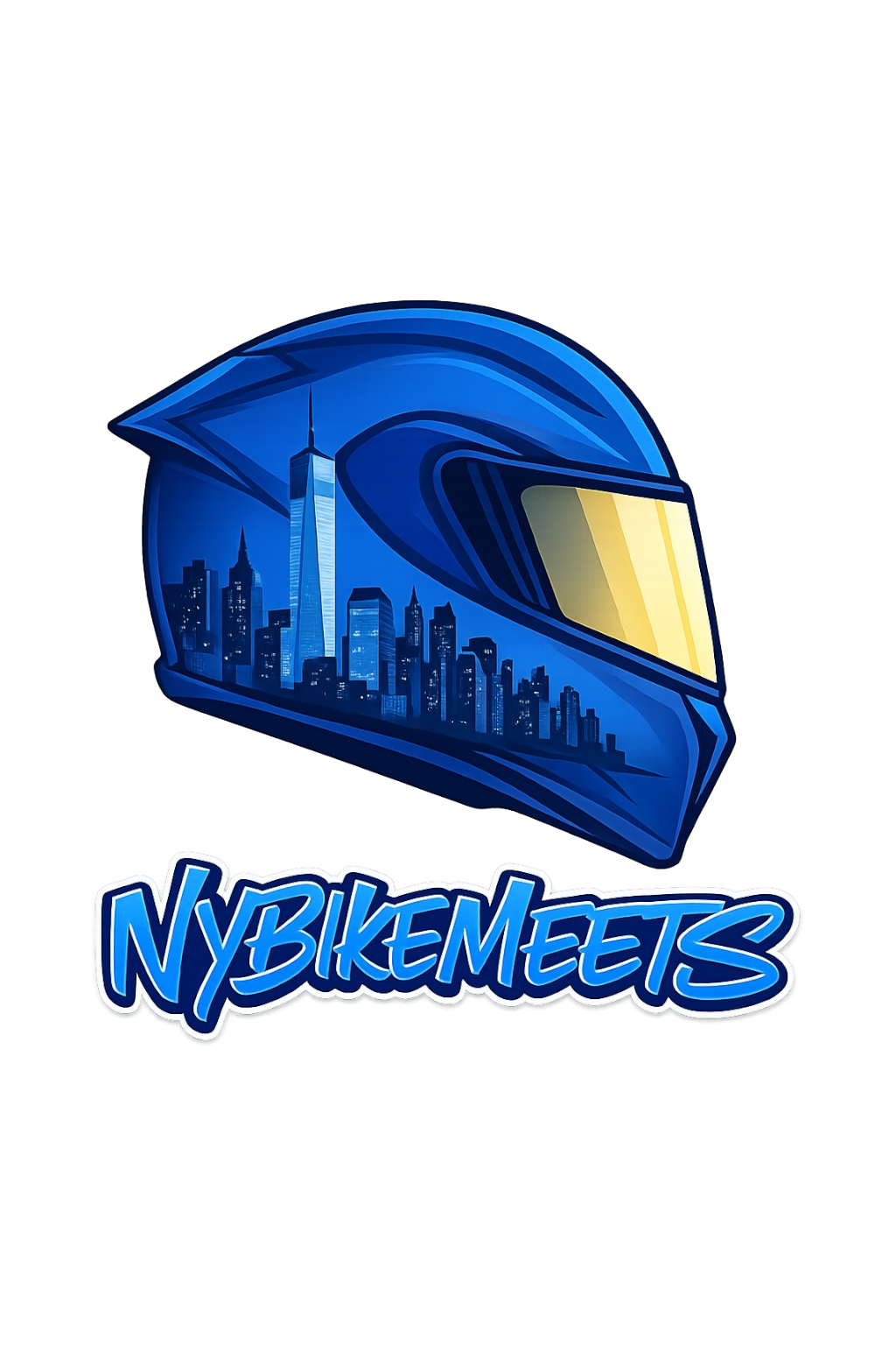A digital illustration of a blue motorcycle helmet with a city skyline, including One World Trade Center, reflected on it. The helmet has a yellow-tinted visor and the text "NY BIKEMETS" in stylized blue and white font below.