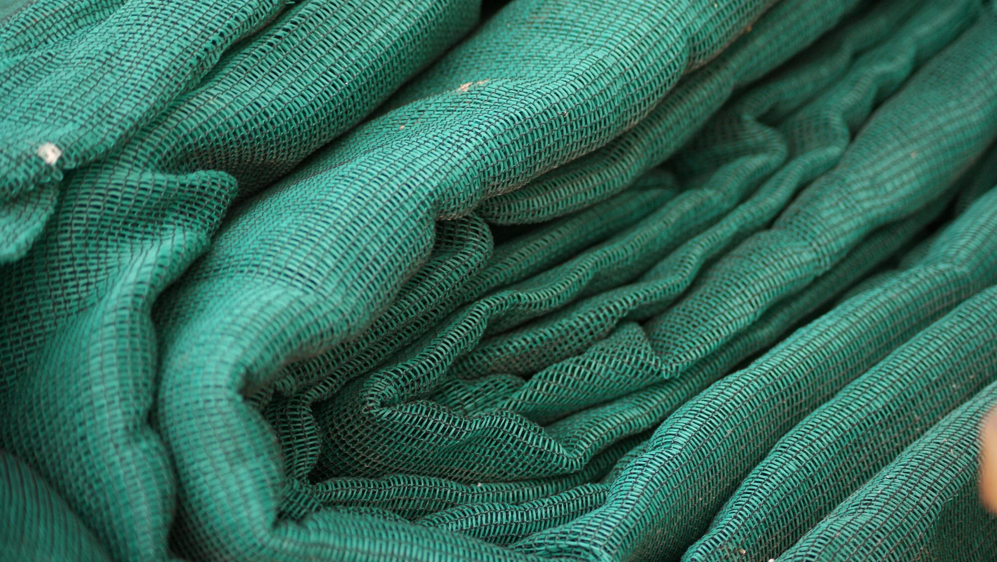Close-up of folded green fabric with intricate woven pattern.