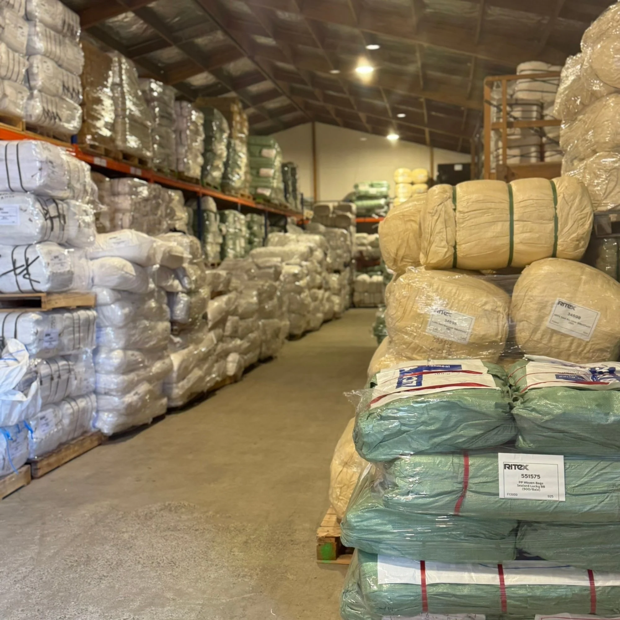Bulk textile products and industrial bags stored in Ritex warehouse