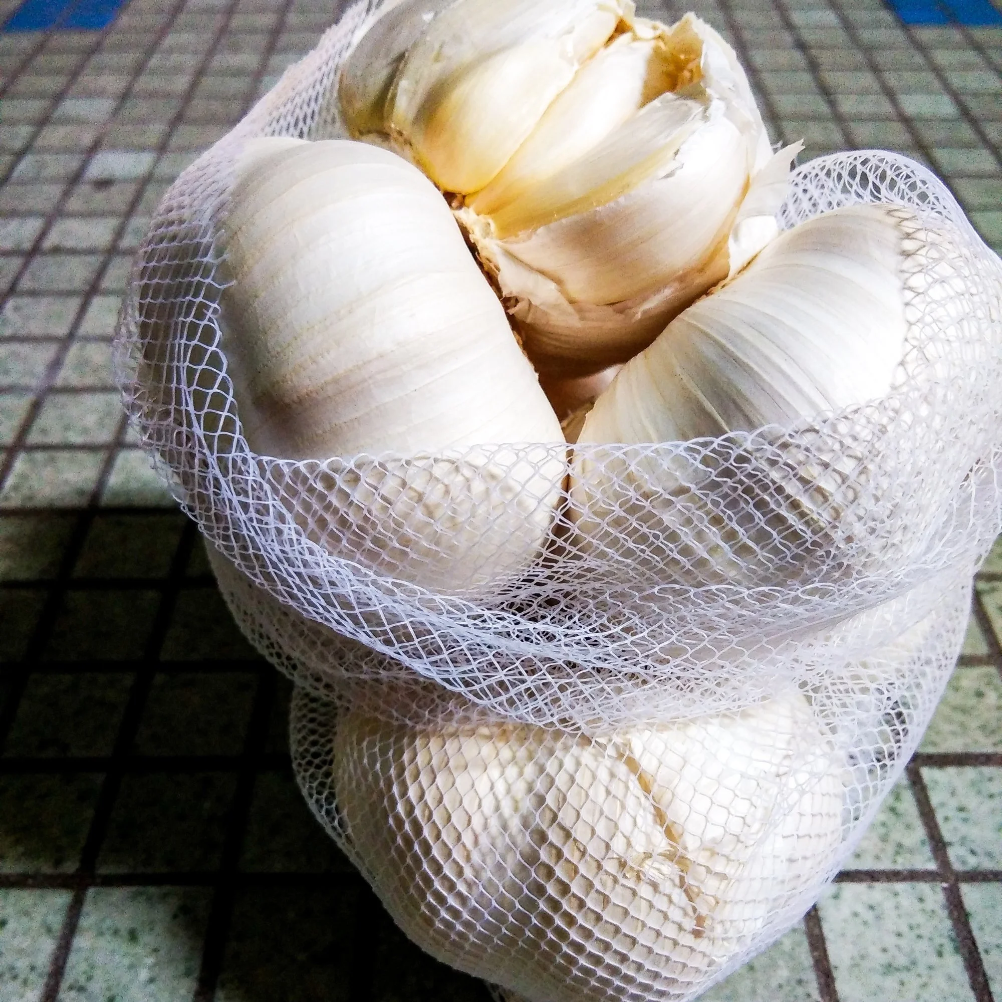 A mesh bag filled with whole garlic bulbs on a tiled surface.
