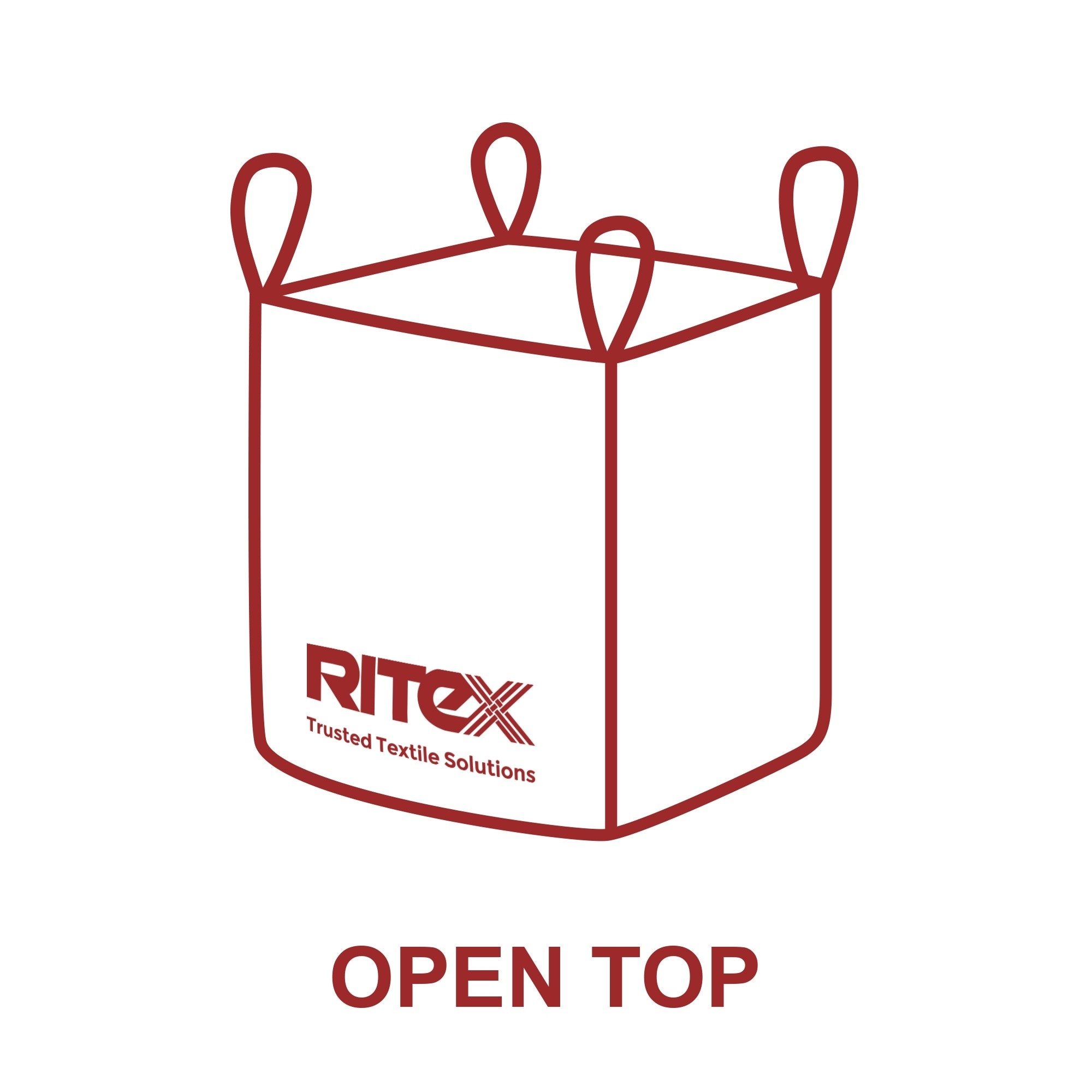 Illustration of a FIBC with an open top, showing the container's frame and the company's logo "RiteX" with the slogan "Trusted Textile Solutions," and the text "Open Top" below.