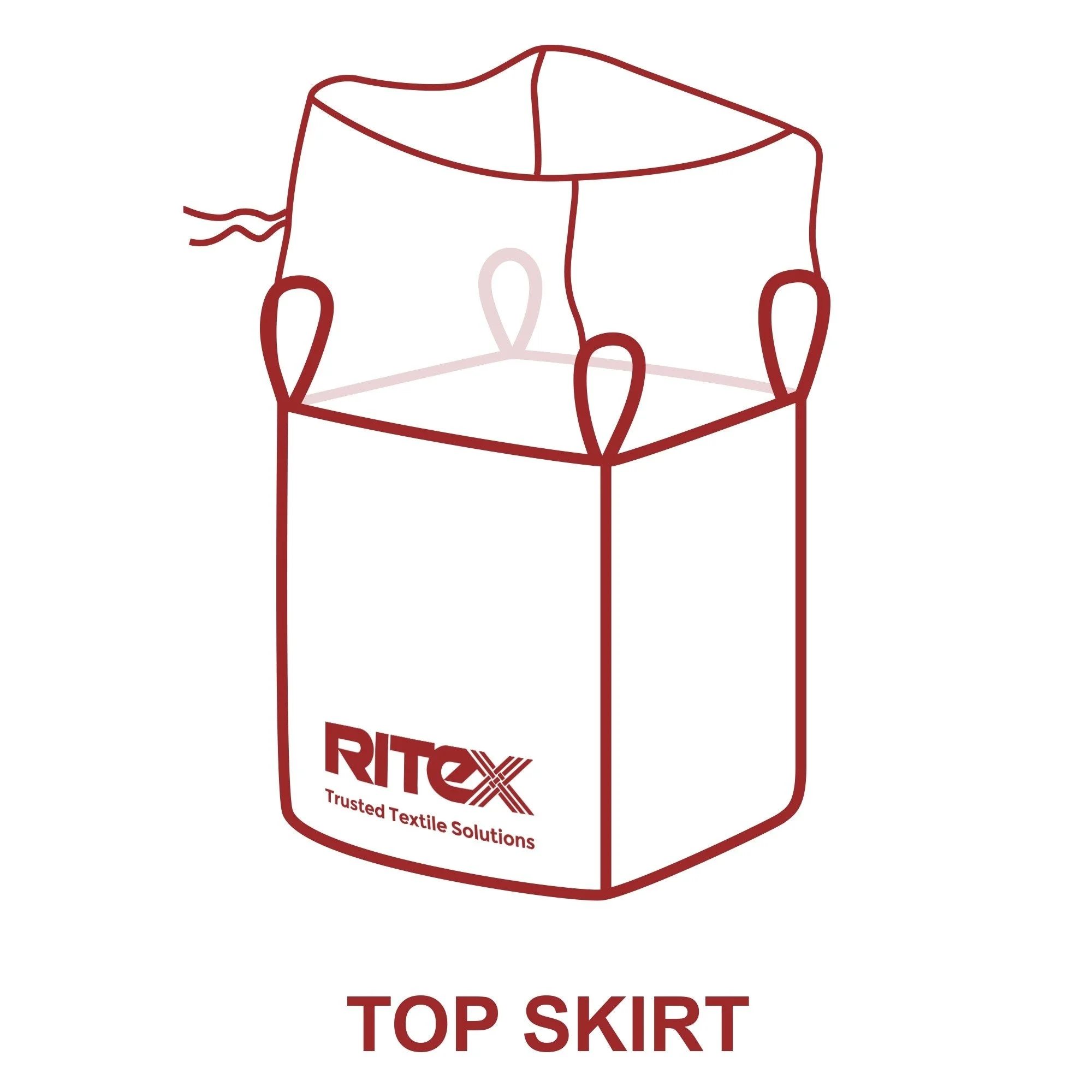 Illustration for FIBC with a top skirt with the RITEX logo and the text "Trusted Textile Solutions" on the front, and the words "TOP SKIRT" beneath the illustration.