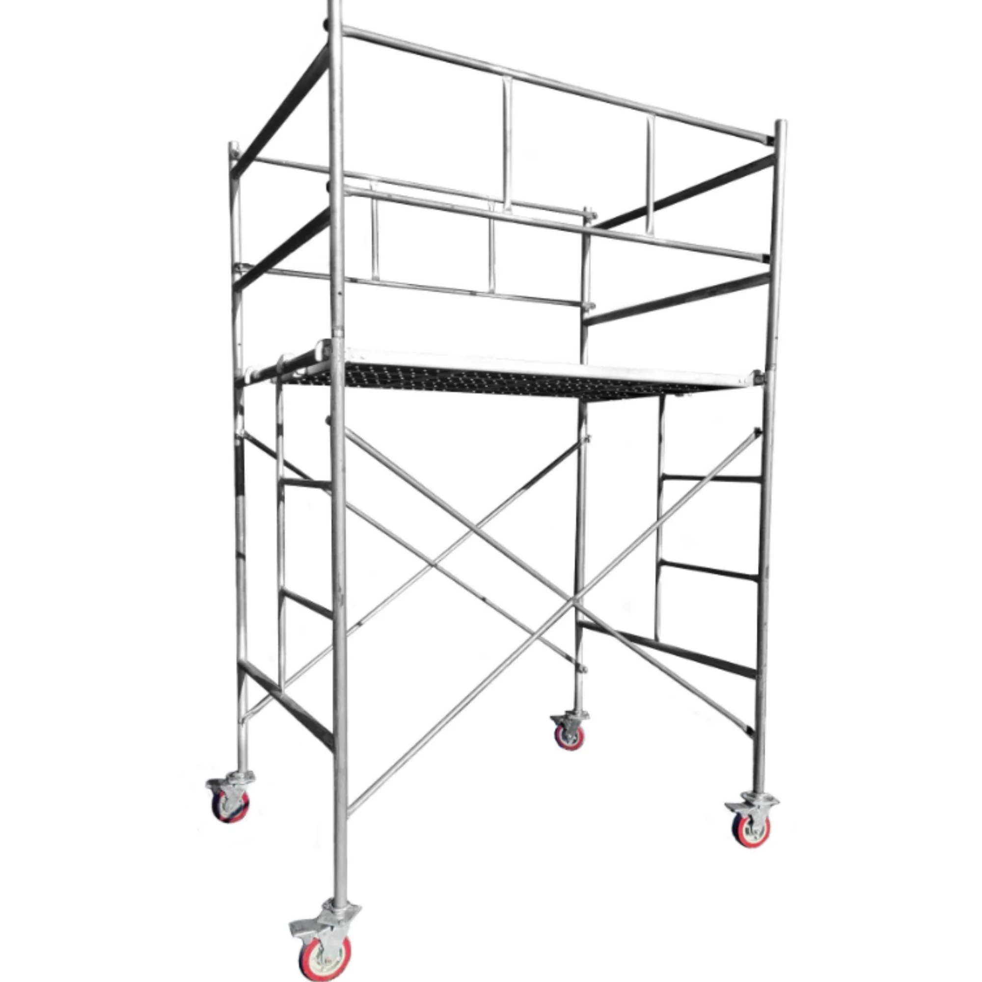 A silver mobile scaffold unit with four wheels, two on each side, set against a white background.