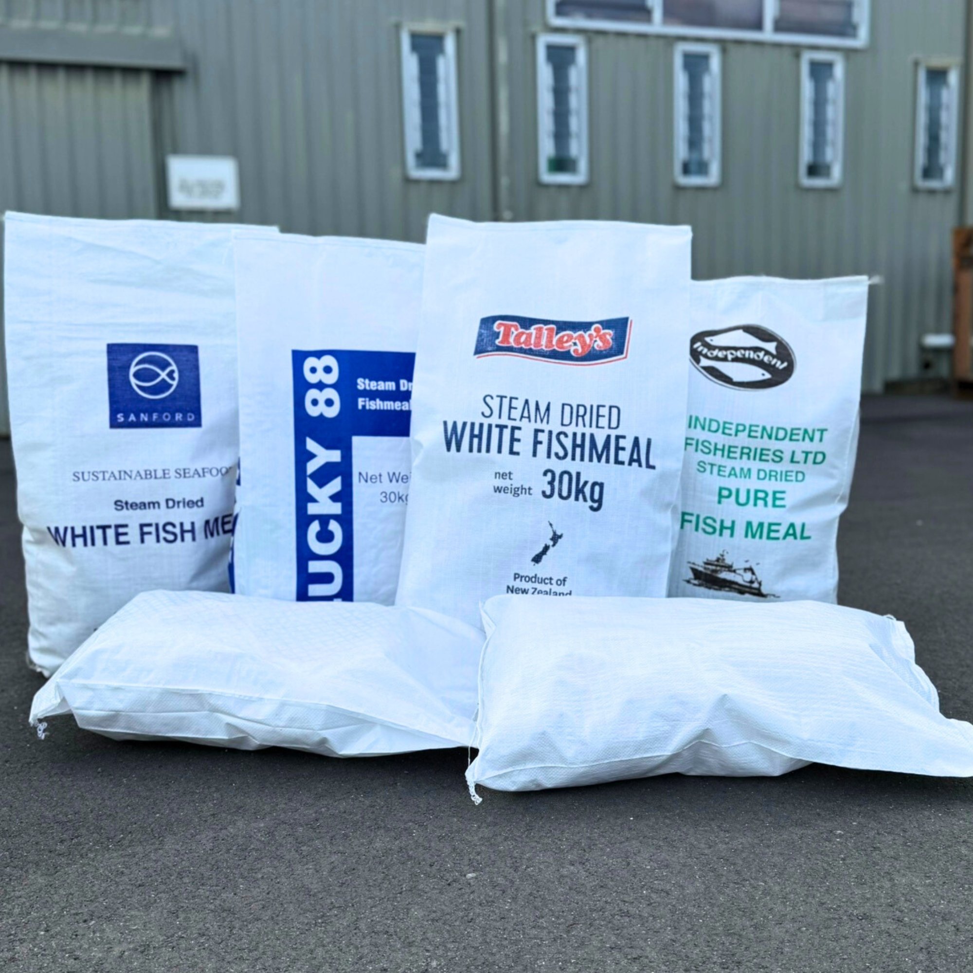 Woven Polypropylene bags placed on a black asphalt surface outside a building with a gray exterior and six windows.