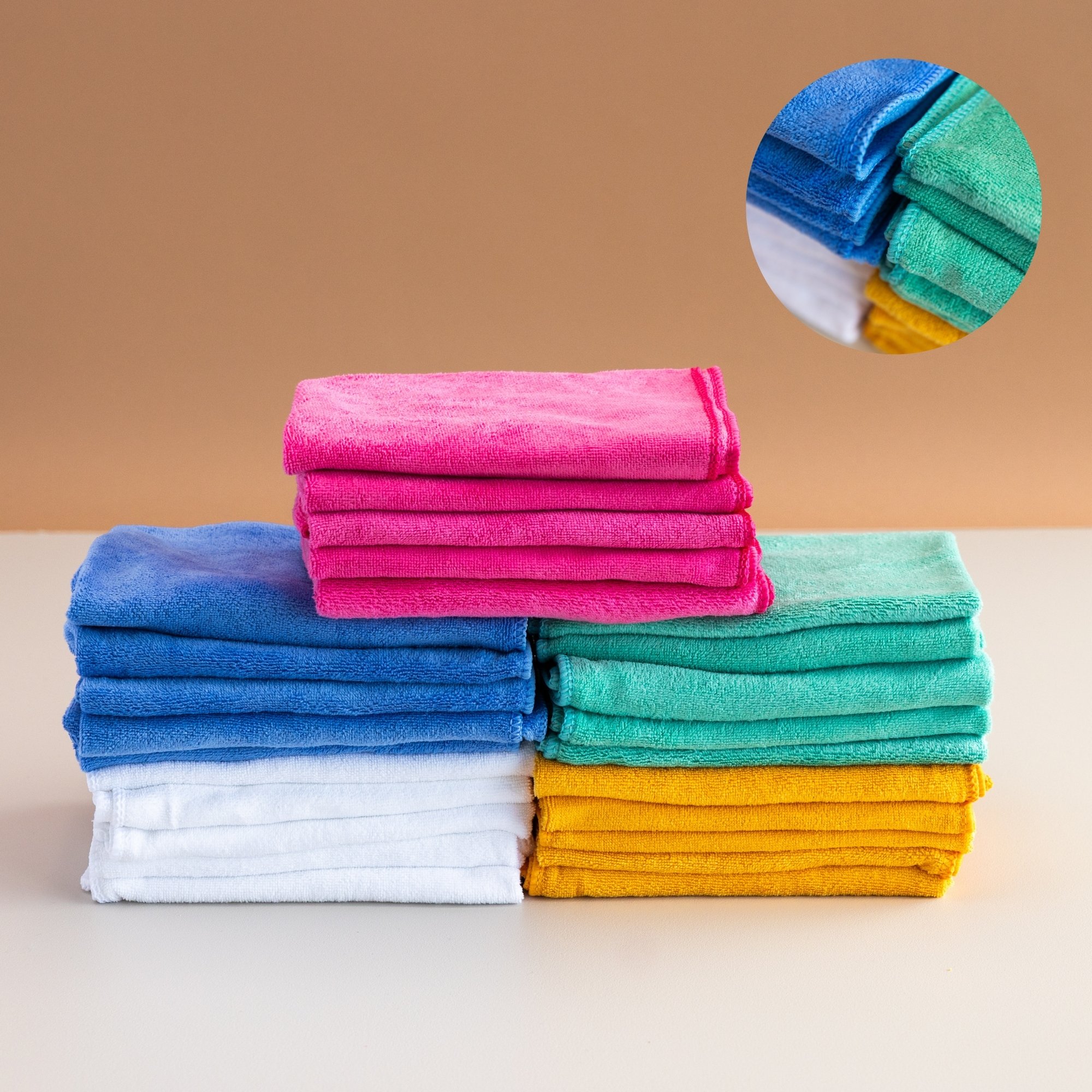 Microfibre cloths in blue green pink gold white — commercial cleaning cloths NZ
