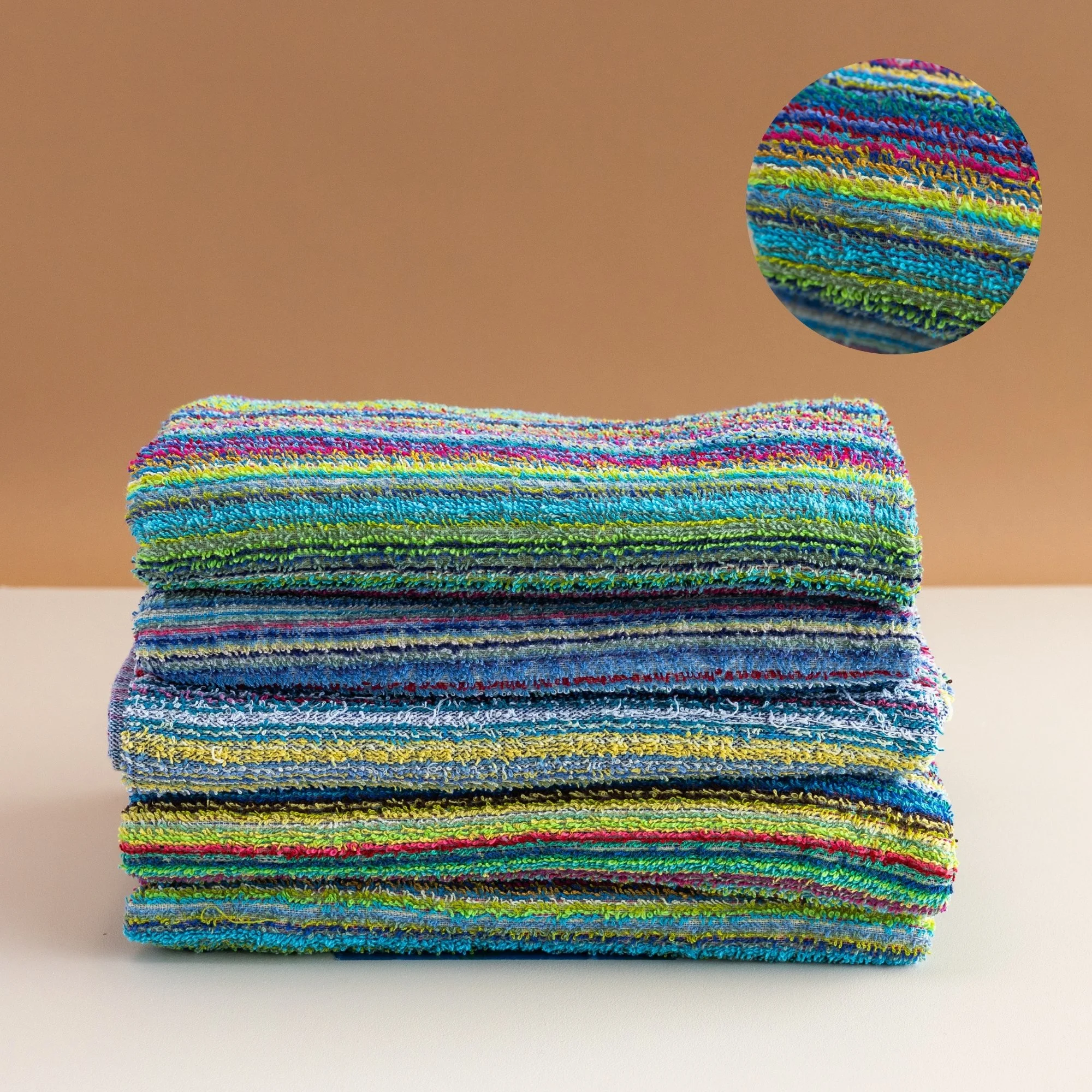 Fuggly multistripe recycled cotton towels stacked — bulk utility towels NZ