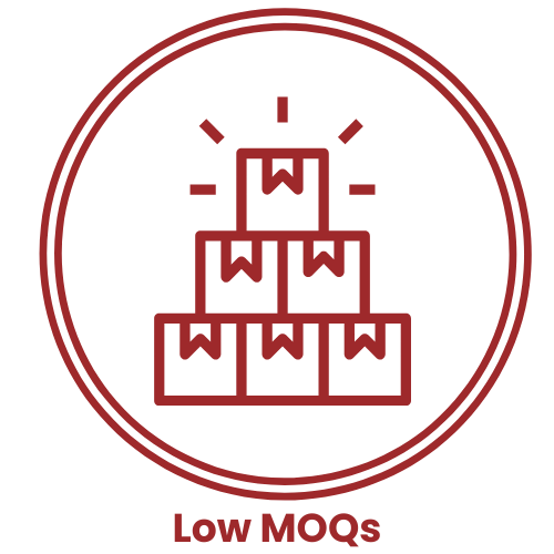 Icon of stacked boxes surrounded by a circular border, with the text 'Low MOQs' beneath.