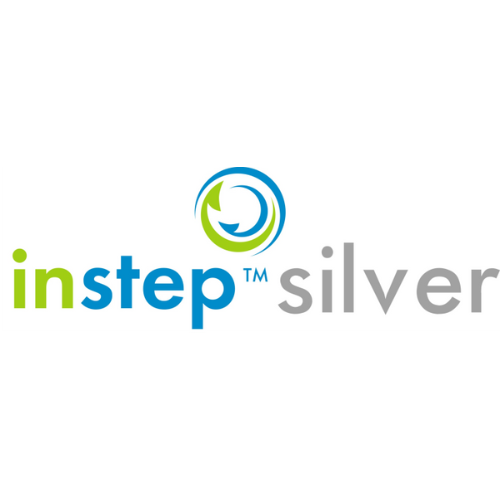 Logo for instep Silver featuring a circular swirl icon in blue and green with the text 'instep silver' underneath.