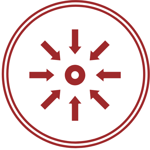 Controlled shrinkage icon Red arrows pointing inward toward a central point inside a circular boundary. The arrows are arranged in a radial pattern.