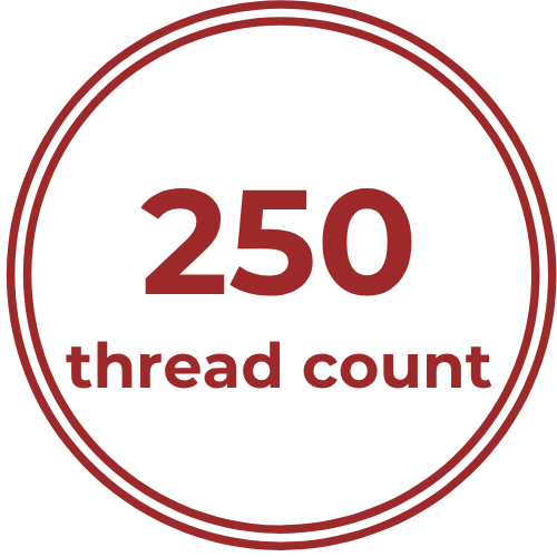 A circular badge with a double red border, displaying the text '250 thread count' in the center.