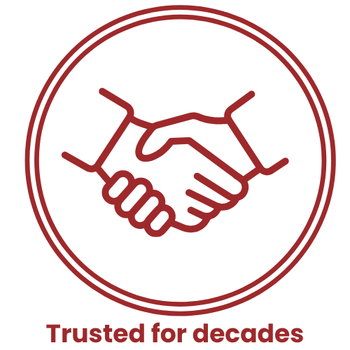 Illustration of two hands shaking inside a red circle with the text "Trusted for decades" below.