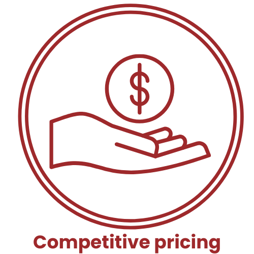 Outline of a hand holding a dollar coin, with the words 'Competitive pricing' below.