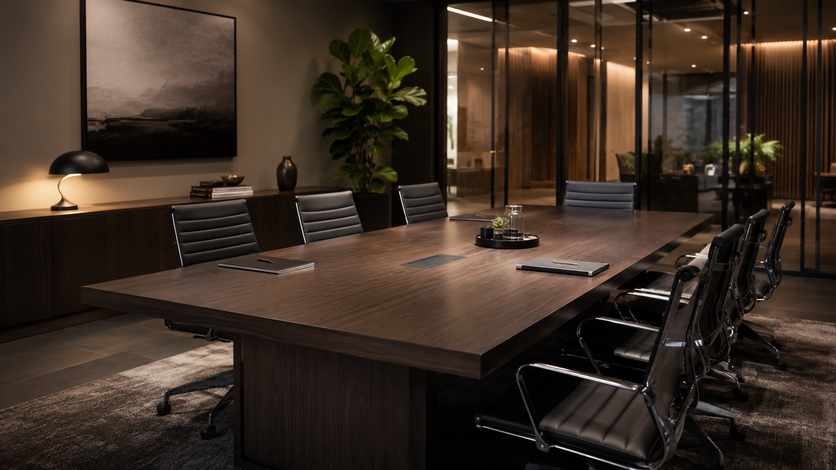 Modern conference room with a large wooden table and black leather chairs, a large potted plant, and a minimalist desk lamp on a sideboard. Glass walls separate the room from an adjacent space with additional seating and lighting.