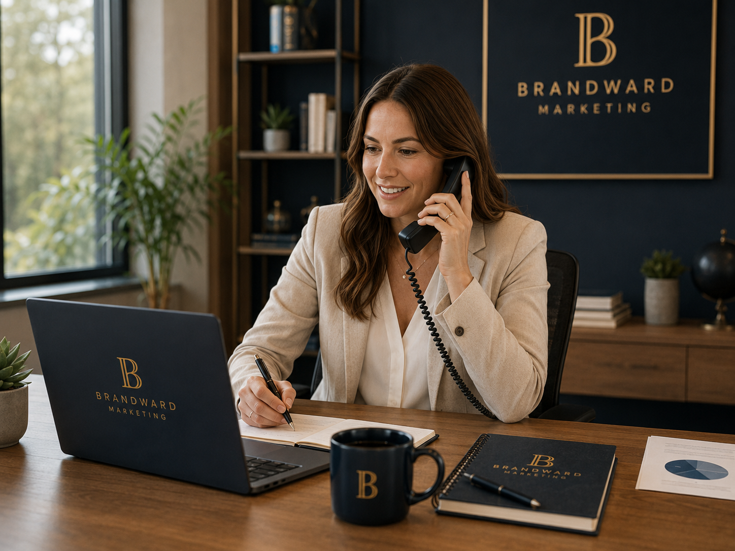 A woman with brown hair, wearing a beige blazer, talking on a landline phone while taking notes at her desk in an office space with a blue wall, plants, and shelves in the background.