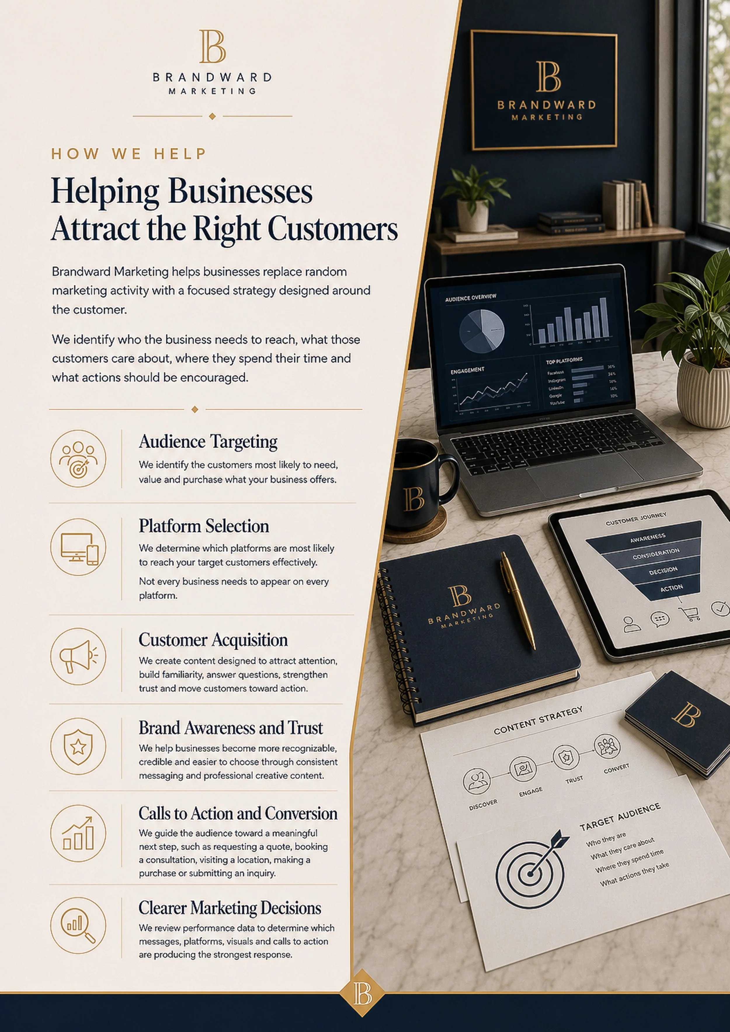 A desk with marketing materials, a laptop displaying audience analytics, a notebook with the Brandward Marketing logo, a branded mug, and a printed document with a target audience diagram. The left side of the image shows a detailed marketing presentation on helping businesses attract the right customers.