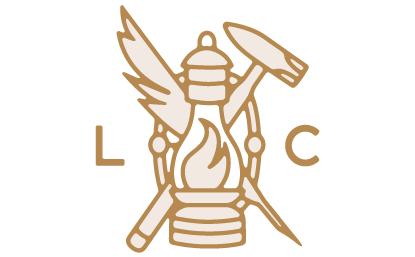 Logo with a bee holding a spatula and a rolling pin, with the letters 'L' and 'C' on either side.