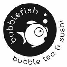 Logo featuring a cartoon fish blowing bubbles, with the text 'bubblefish' and 'bubble tea & sushi' surrounding it.