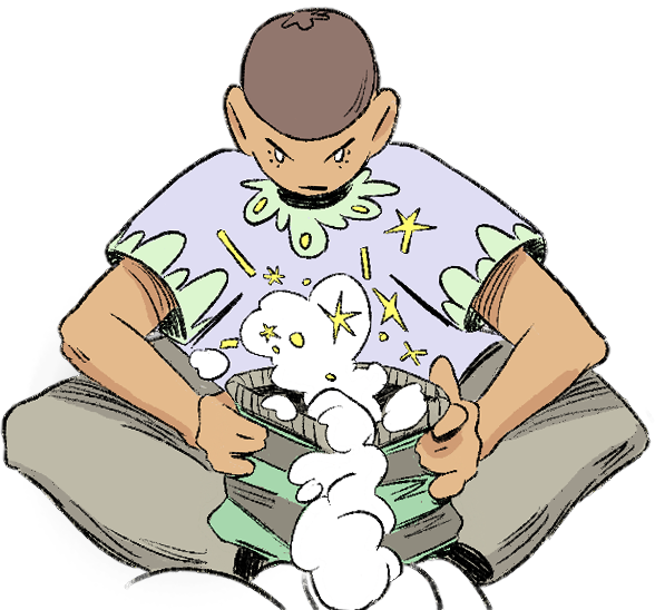 A cartoon boy holding an open box with white smoke or steam coming out of it, with sparkles and stars around the smoke, wearing a colorful shirt with a pattern of stars and clouds.
