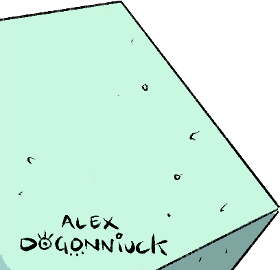 A mint green box with a black signature that reads 'ALEX DOCONNICK' and a small drawing resembling a smiling face with lines around it. The box has a black top edge.