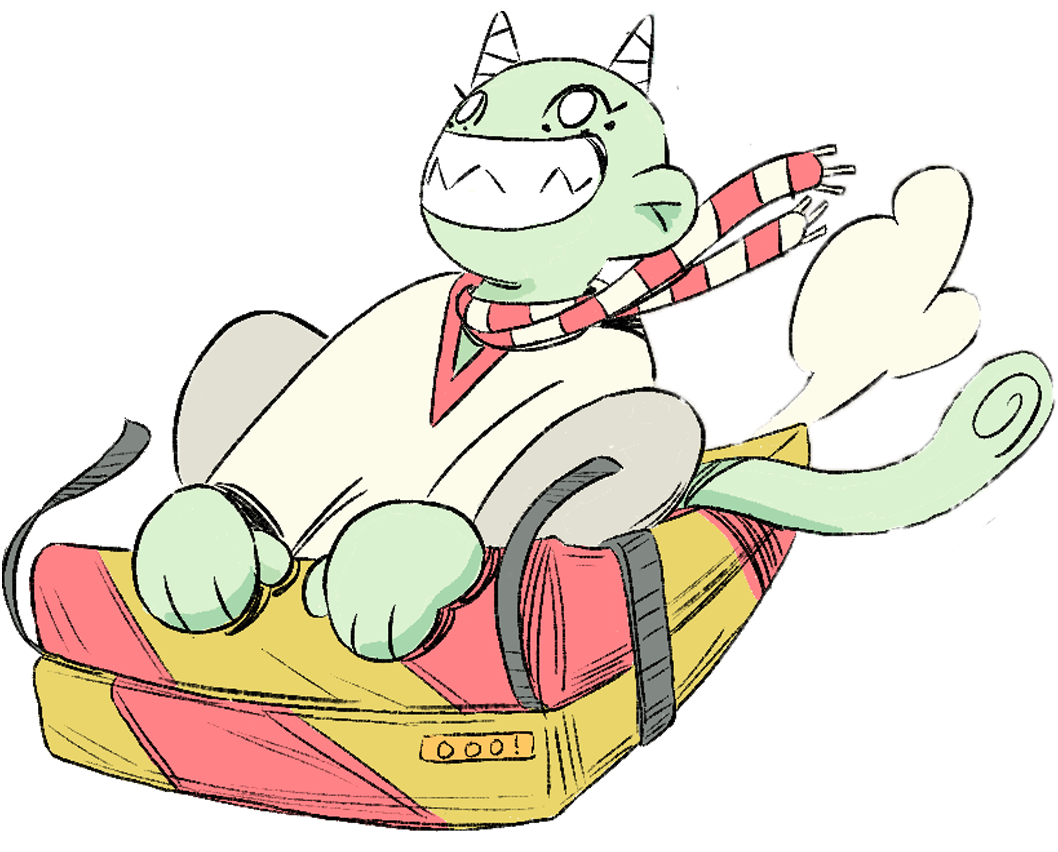 Cartoon character of a green cat with a wide grin, white claws, and horns, lying on a yellow and red suitcase.