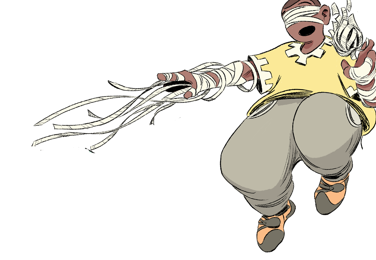 A cartoon person with bandages over their eyes, blindfolded, wearing a yellow shirt, loose gray pants, and orange sandals, appears to be falling or floating with an energetic pose.