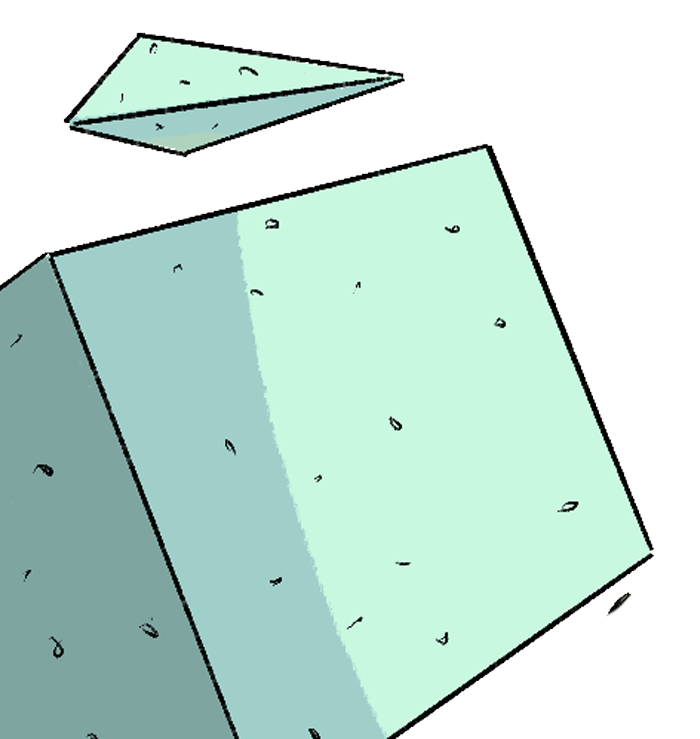 Sketch of a geometric shape, possibly a prism or a building structure, with multiple faces and some annotations. The drawing appears to be technical or conceptual.